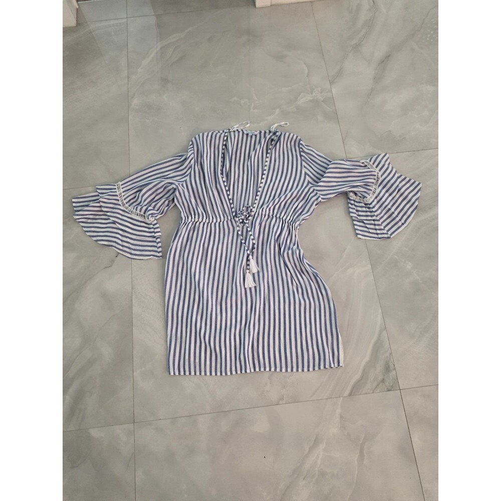 NWOT Blue Island 100% Rayon White Stripe Beach Cover-Up Dress Bell Sleeves XL - Picture 3 of 9